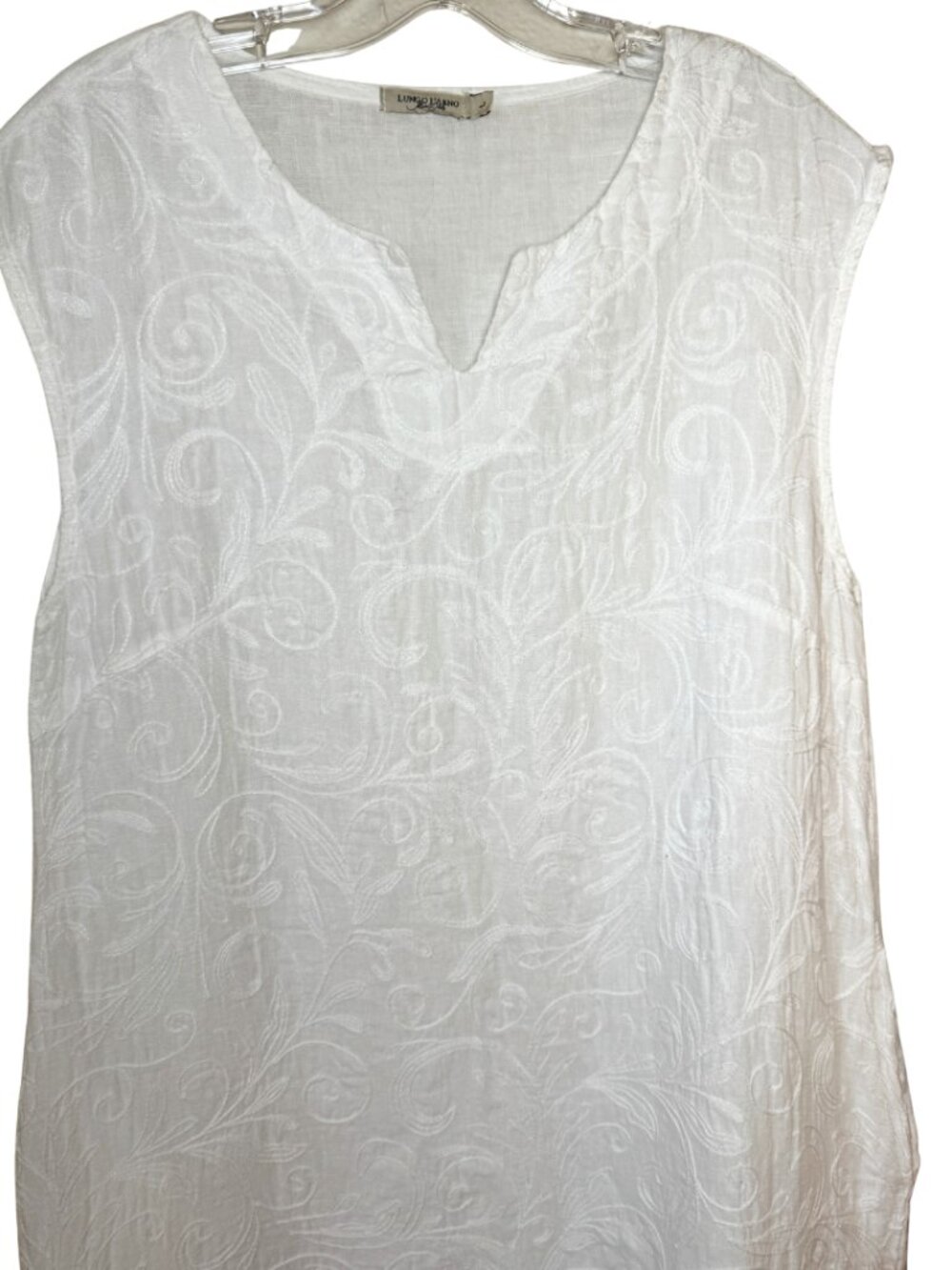 White 100% Italian Linen Embroidered Tunic Dress Sleeveless Boho Summer